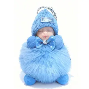 Hbsp Blue Faux Fur with Bow Tie and Hat for Car Parking Keys,keychain parking key,Cute Fluffy Sleeping Baby Doll Plush Funny s Doll Pom Pom For Girls Backpacks Pendant car  accessories  girls