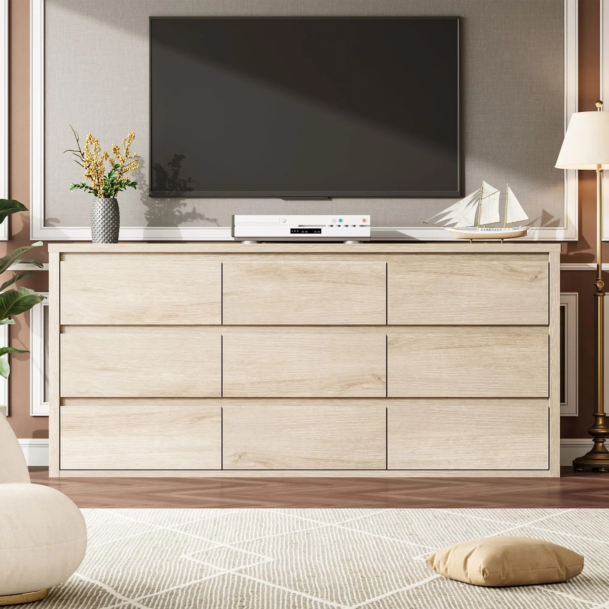 Garvee 9 Drawer Wide Modern Wood Dresser for Bedroom,Living Room, Hallway, and Entryway Handle-Free LargeStorage Chest of Drawers Organizer