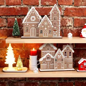 Christmas Gingerbread House Table Decor Set, Wooden Gingerbread House Kit with 6 Mini Houses and 2 Bases, DIY Farm Holiday Display, Rustic Style Desktop Ornament