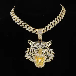 Hip Hop 14mm Cuban Chain Tiger Pendant Necklace for Men and Women Rapper Fashion Necklace Men's Pendant Necklace Bling Stylish Accessory Exquisite Jewelry Gift