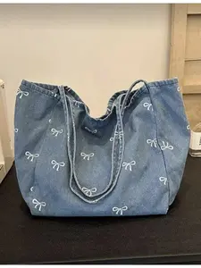 New Korean Casual Fashion Multi Functional Blue Attractive Bowknot Washed Canvas Tote Bag for Commuting Travel Shopping School Large Capacity Sweet Women's Handbag Casual Trendy Bag