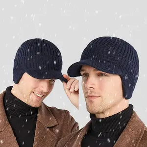 Men's 2PCS Winter Knit Beanies with Ear Flaps Protection, Thick Fleece-Lined, Ideal for Chilly Weather Outdoor Activities, Christmas Gift Option