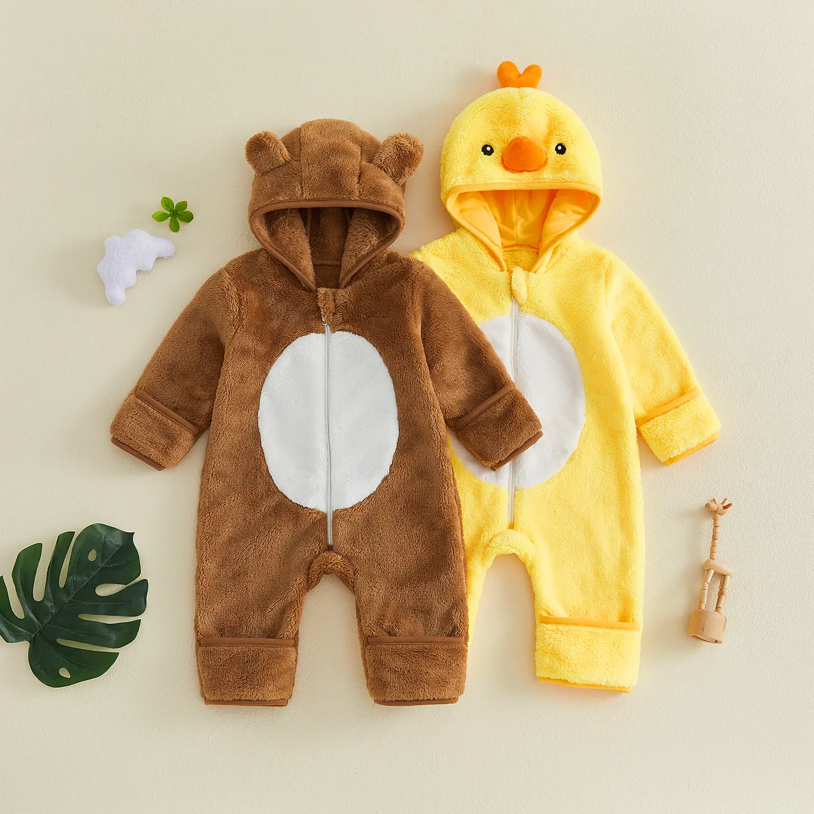 Infant Baby Boy Girl Animal Jumpsuit with Hood Soft Warm Flannel Long Sleeve Romper Cartoon Duck/Bear Costume 0-18 Months