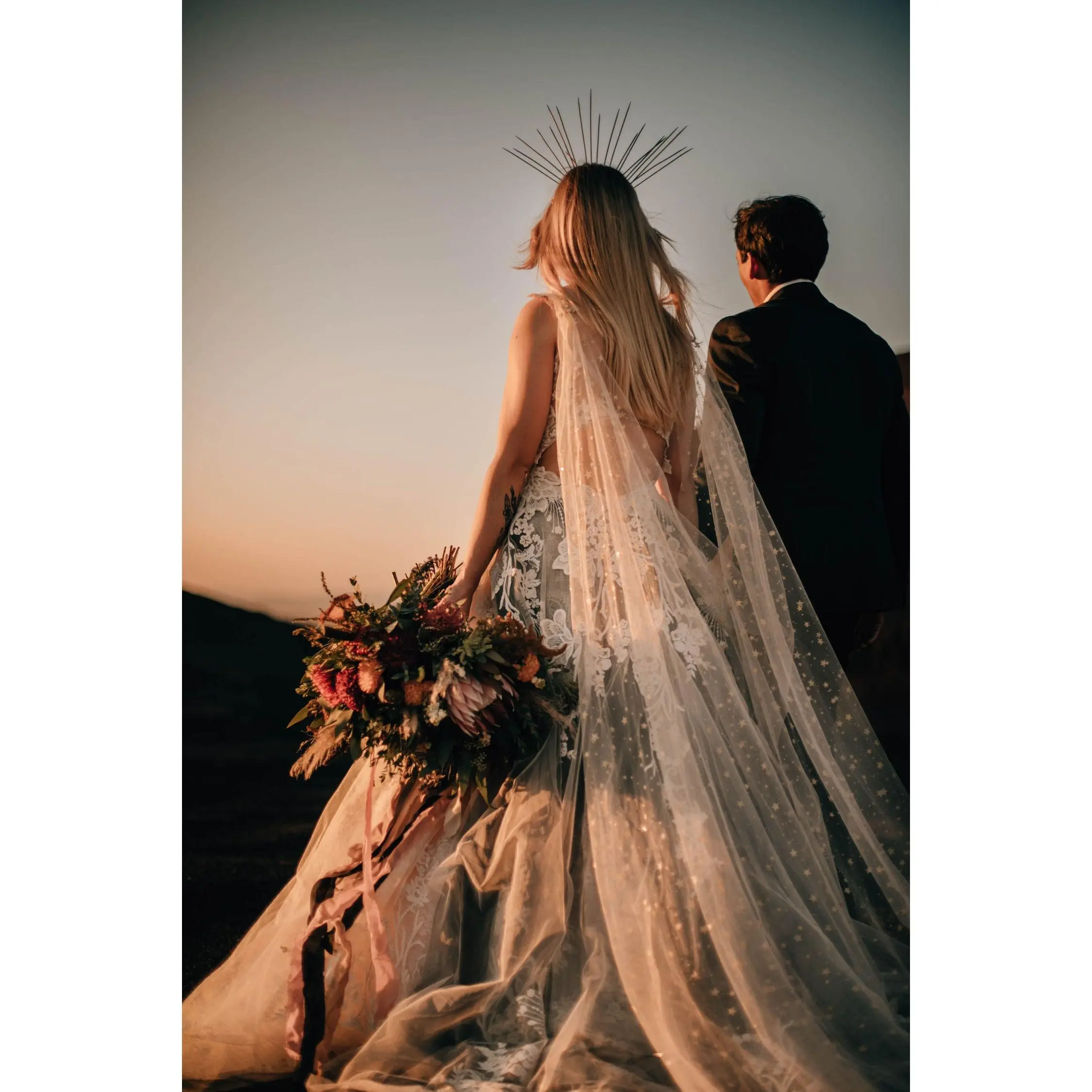 Sparkly Gold Star Draped Wedding Cape, Sheer Long Bridal Wrap with Beaded Pins