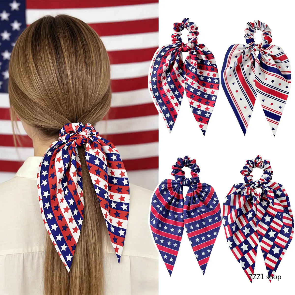 US Independence Day Hair Accessories: Ponytail Streamer Scrunchies, Star-and-Stripe Bow Hair Ties, and Festive Hair Ornaments