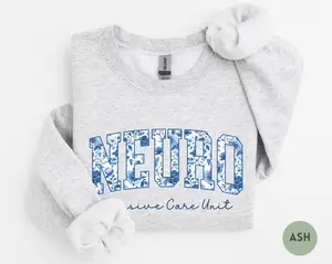 Neuro Sweatshirt – Neuro ICU Nurse Crew, Blue Toile Neurological Tech, Floral Gift