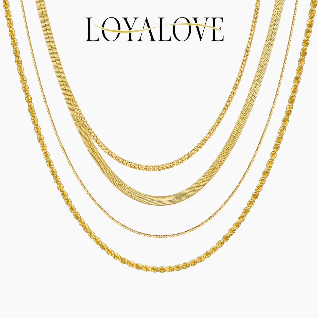 LOYALOVE 4-Piece 14K GOLD Plated Layered Necklaces for Women, Dainty Stackable Cuban Snake Box & Rope Chain Set, Trendy Chunky Collarbone Choker Jewelry, Gold Rose Gold Silver