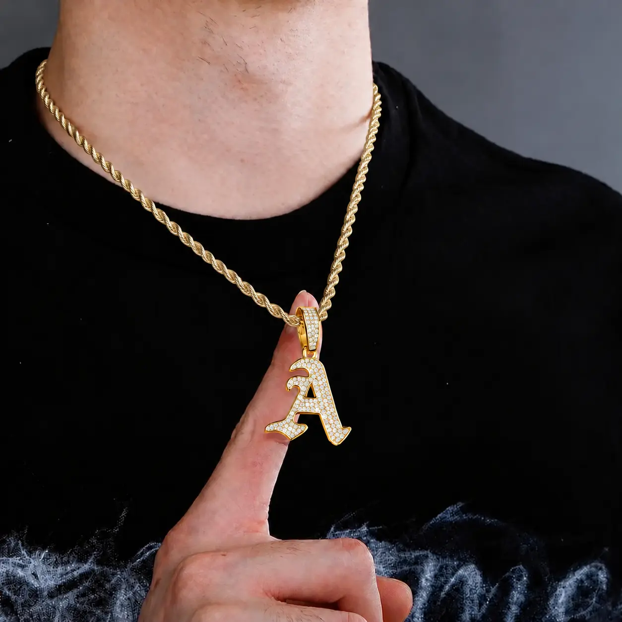 Personalized 14K Gold Gothic Letter Pendant Necklace, Old English Alphabet A-T Iced CZ Initial Chain Jewelry Gift for Men Women Teens