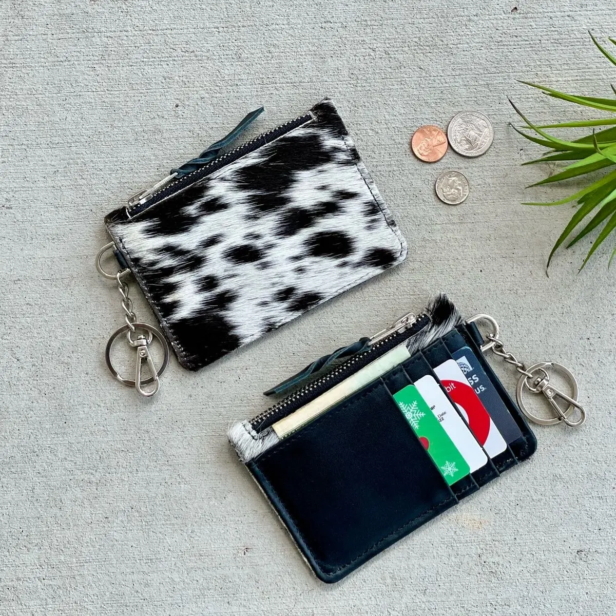 Cowhide Leather Western Wallet Cardholder Keychain in Black