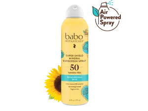 Babo Botanicals Super Shield Mineral Sunscreen Spray SPF 50 – For Sensitive Skin – Water Resistant (80 Minutes) – Dermatologist Tested – Fragrance Free – Air Powered Spray – 6 fl oz (177 ml)