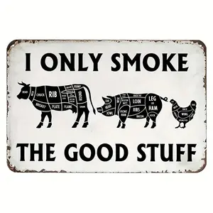 8*12 in (20*30 cm) 2D Flat Vintage BBQ Metal Sign – "I Only Smoke the Good Stuff" Bacon Compass Butcher Chart Wall Art for Kitchen, Patio, Grill Area, Outdoor Decor