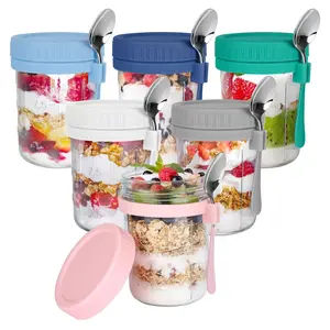 6 Pack Overnight Oats Containers with Lids and Spoons, 16 OZ Glass Mason Overnight Oats Jars, Large Capacity Airtight Jars for Milk, Cereal, Fruit Kitchen Silicone