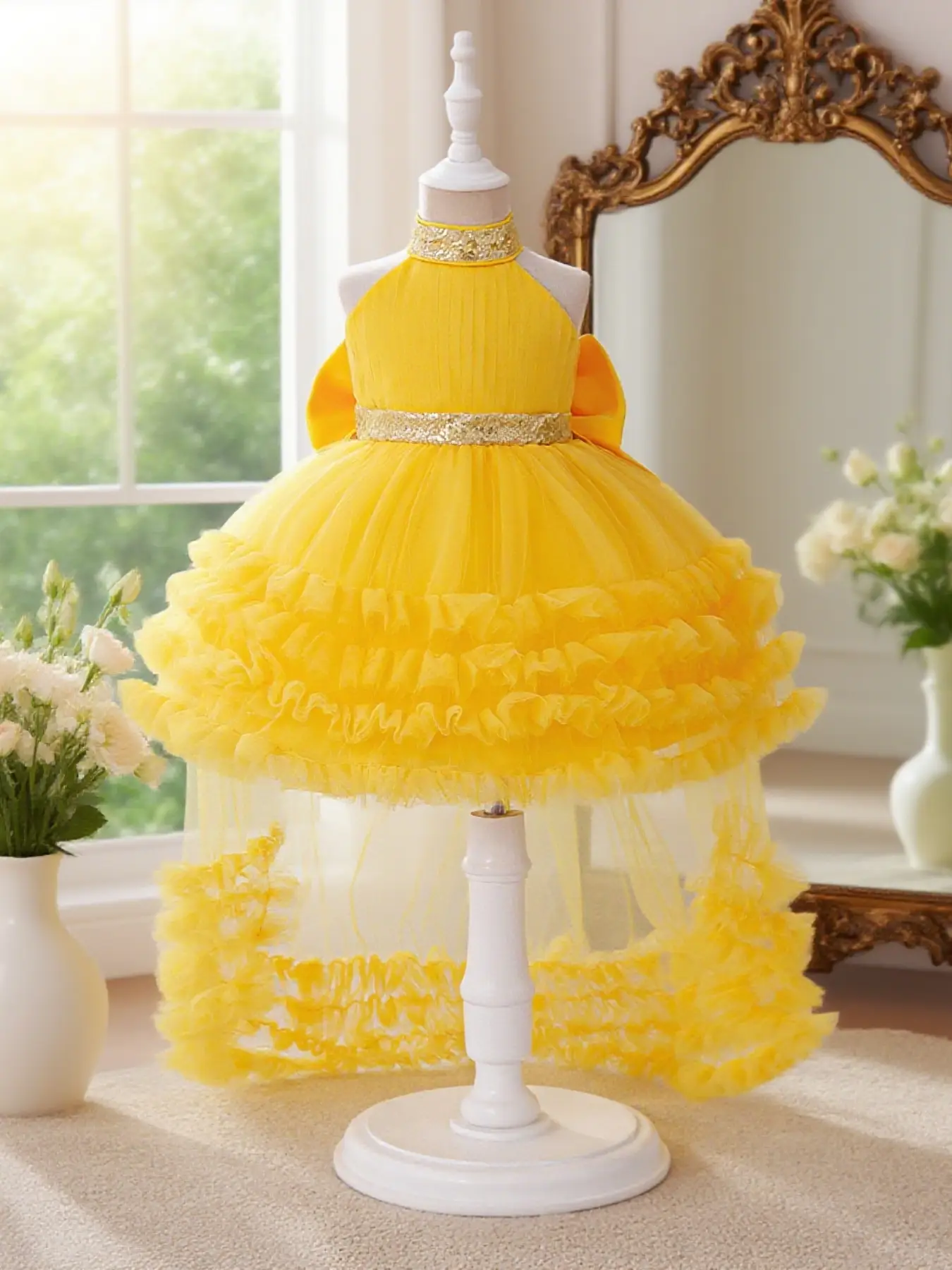 Toddler Girl's Glitter Sequin Decor Tulle Dress, Elegant Sleeveless Round Neck A Line Dress for Party Performance Birthday, Kids Clothes for All Seaso