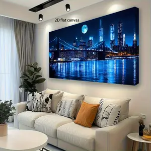Wooden Framed Canvas Painting2D Flat Brooklyn Bridge Night View Painting - Modern Retro New York Skyline canvas printing with solid wood frame, (framed canvas) Wrapped in canvas