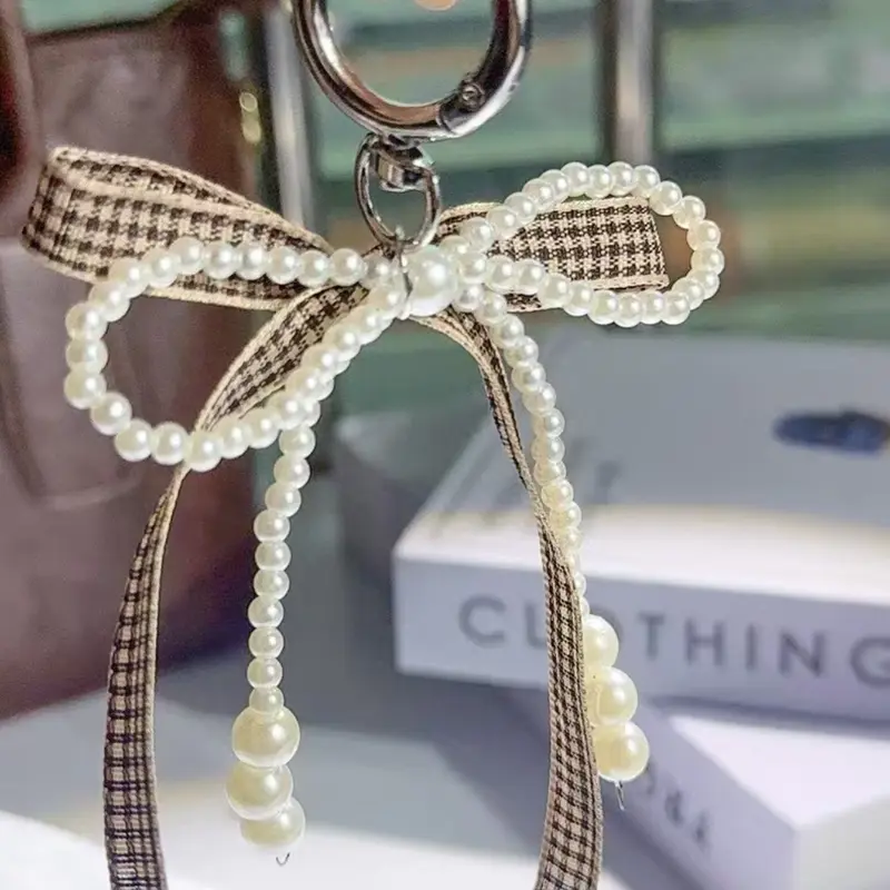 Elegant Ribbon Bow Lightweight Keychain Pendant with Pearl Design, Stylish Girly Keychain, Aesthetic Keychain, Sweet Lace Bag Charm Accessory, Keychain Accessories, Key Ring Accessory, Keychain Charms, Perfect for Handbags & Purses
