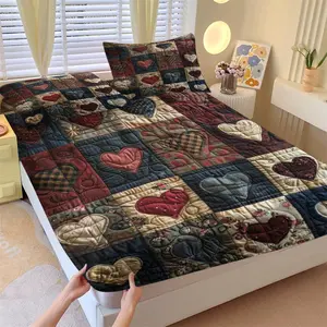 Romantic Heart Plaid Fitted Sheet Set (2 Pillowcases) -  Soft Polyester, Promotes Cozy Sleep While Boosting A Warm Vibe, Perfect Gift for Lovers, Decorative Bedsheet Sets