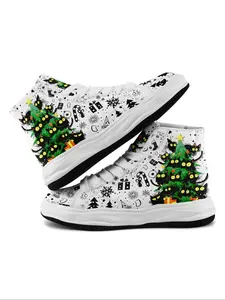 Women's Christmas Tree & Cat Pattern High Top Lace Up Sneakers, Casual Comfortable Non-slip Sports Shoes, Female All-match Round Toe Shoes for Daily Wear