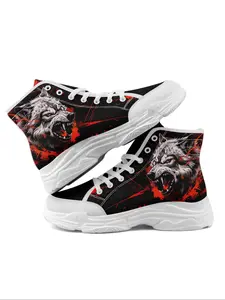 Men's Wolf Print Lace Up Front Colorblock High Top Sneakers, Casual Comfortable Breathable Sporty Running Training Shoes, Male All-match Round Toe Shoes for Daily Wear