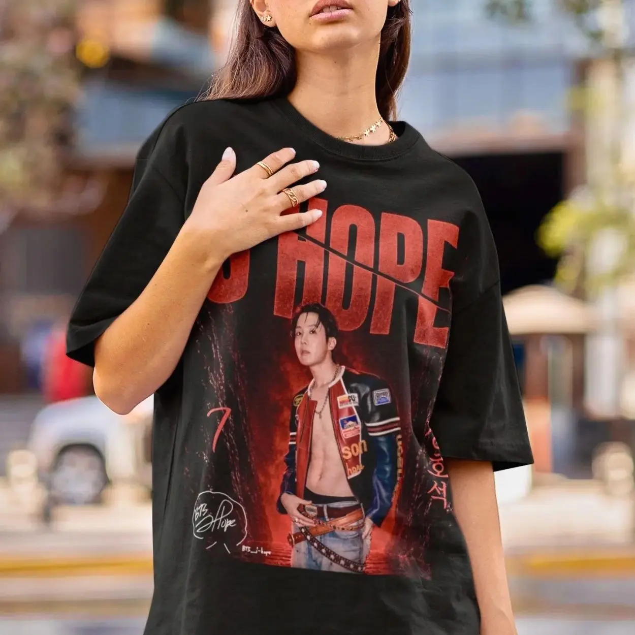 J-Hope Dramatic Portrait Organic Unisex T-Shirt - Large Front Red Black Design Kpop Merch DTF XKE