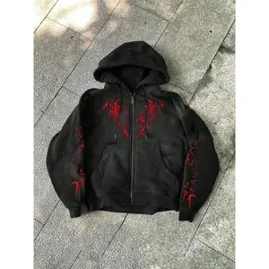 Edgy Red Graphic Black Zip - Up Hoodie | TikTok Viral Streetwear for Trendy Punk Style Hot Trending HoodiesGift