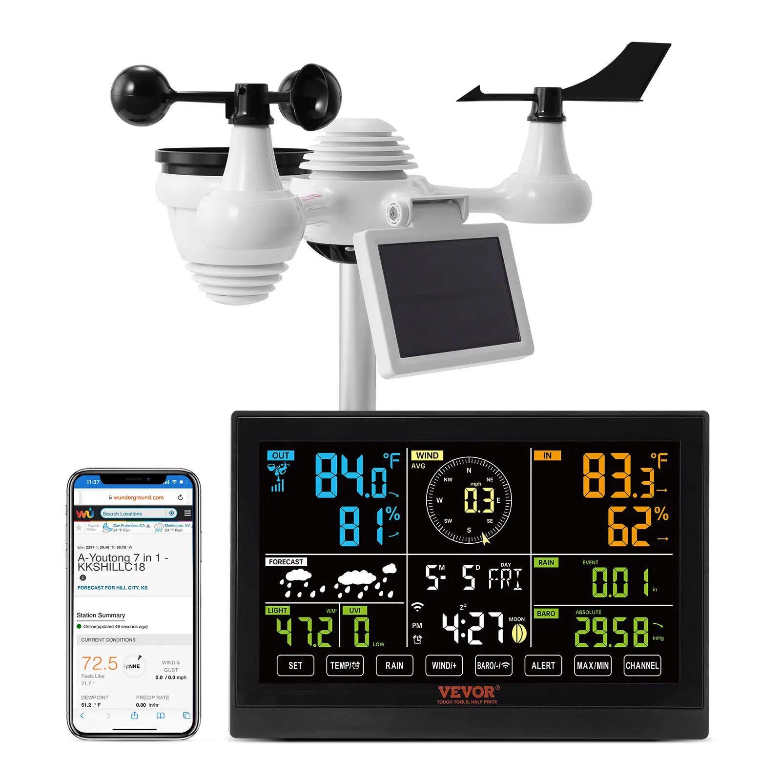 【summerfinds】VEVOR 7-in-1 Wi-Fi Weather Station for Reptiles, 7.5 in Color Display, Indoor Outdoor Use, Solar Wireless Outdoor Sensor, Alarm Alerts, Tracks Temp Humidity Wind Speed/Direction Rain, Solar Powered Thermometer, WiFi Wireless Thermometer