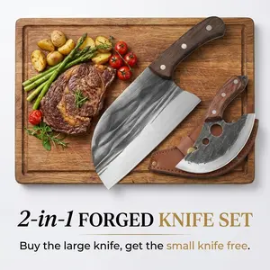 2 Pcs Hand Forged Meat Cleaver Set, Full Tang High Carbon Steel Effort-Saving Chef Cleaver, Sharp Viking Boning Knife with Leather Sheath for Meat Cutting, Vegetable Chopping, Outdoor Camping, BBQ Cooking, Ideal Gift for Home Chefs