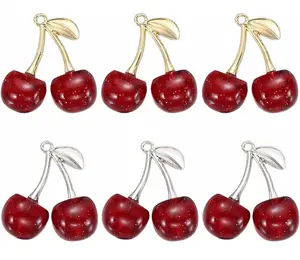 Resina 3D Cherry Charms with Realistic Brass Leaf Detailing for Jewelry Making DIY Crafts or Ornaments 10 20 or 30 Pieces