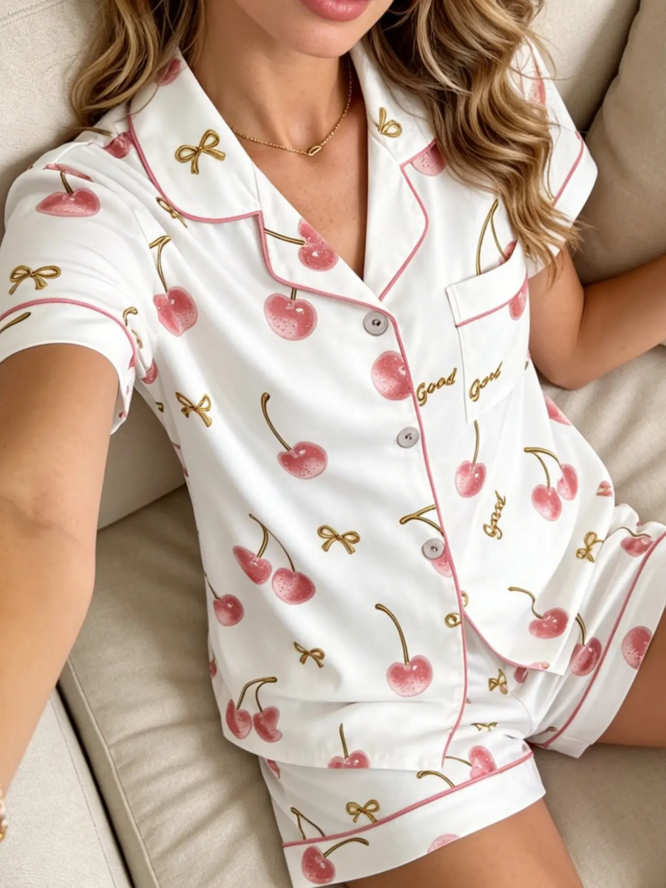 Women's Pajamas Set 2026 Summer Collection Trendy White Glitter Pink Cherries Gold Bows Print Lightweight Breathable Button Down Short Sleeve Shorts Soft Comfy Loose Fit 2 Piece Casual Sleepwear Loungewear Daily Wear for Women