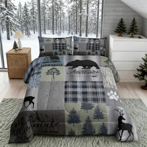 Grey Green Happy Camping Comforter Set,Geometric Plaid Patchwork Quilt Set,Traveling Decor,Pine Bear Deer Animal Bedding Rustic Farmhouse