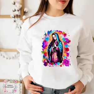 Pink flowers, colorful virgencita De Guadalupe sweatshirt