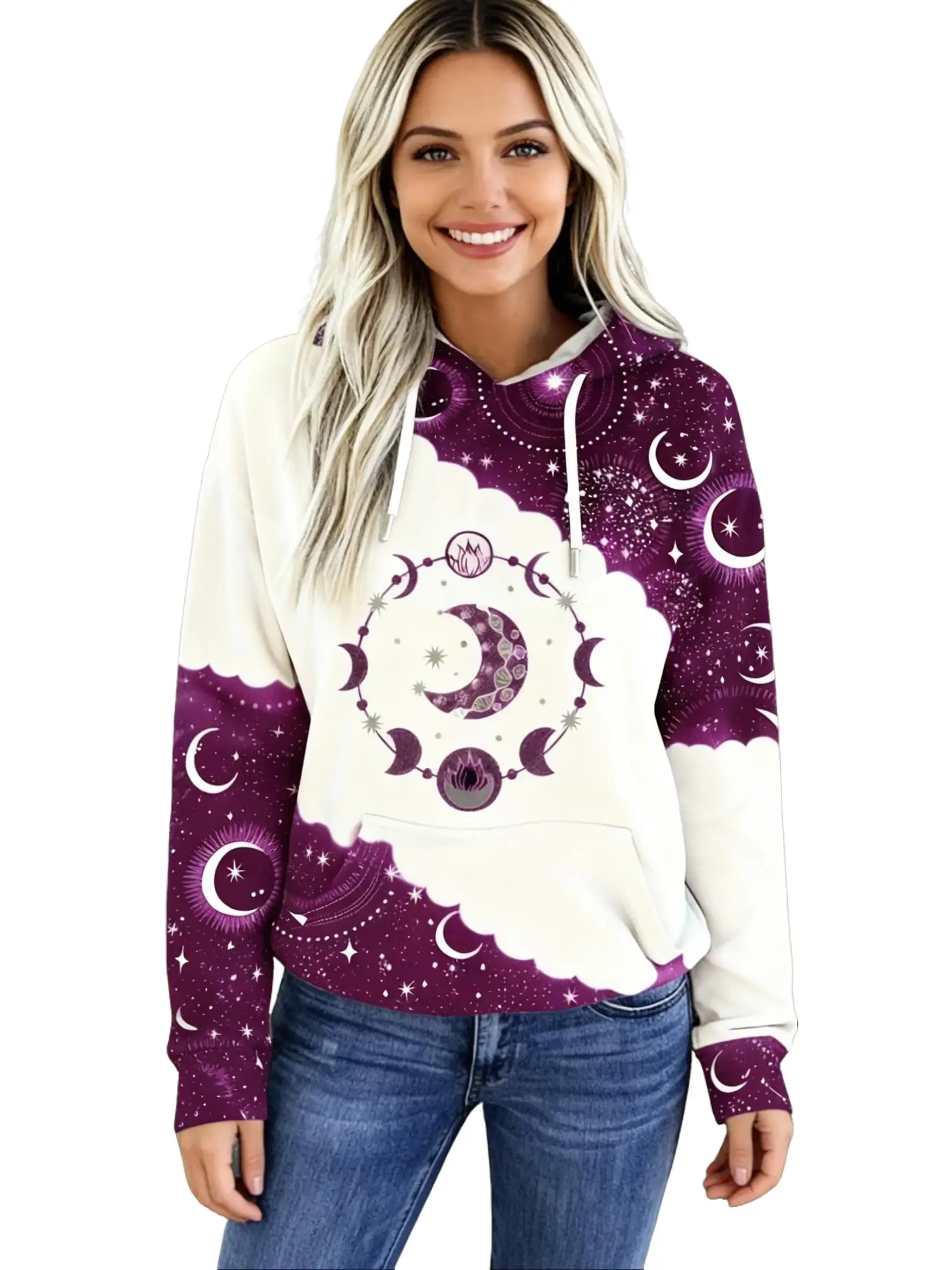 Women's Streetwear Celestial Pattern Hoodie, Contrast Design Daily Commute Pullover