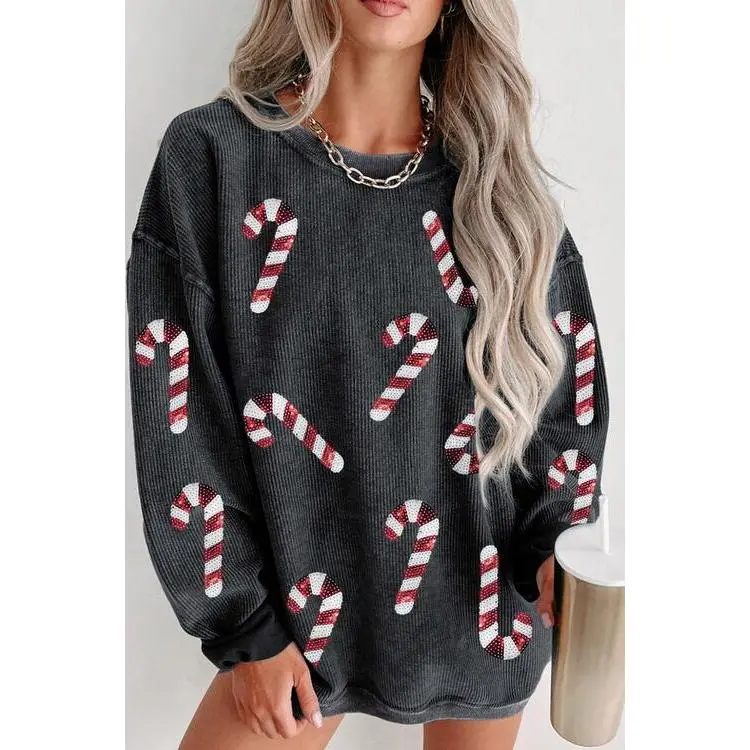 Sequin Candy Cane Round Neck Sweatshirt