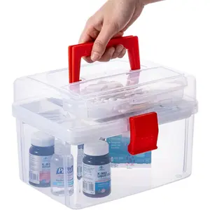 10 Inch Clear First Aid Bin with Detachable Tray and Quick Access Top Lid Flap, Emergency Kit, Medical Supply Travel Tote, Medicine Box Container (Red)