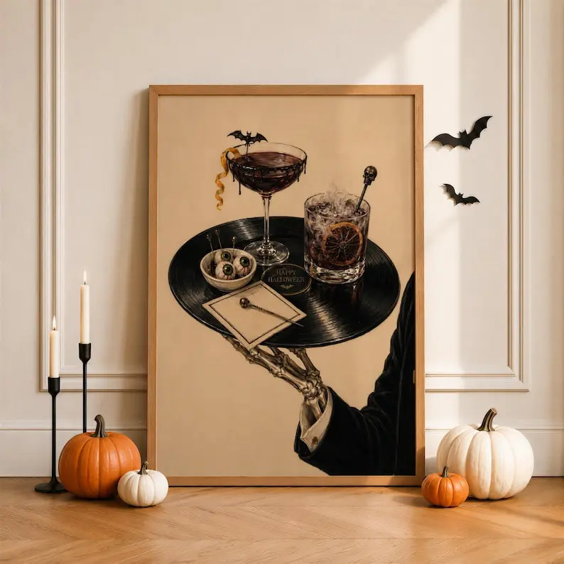 Trendy Halloween Wall Art, Gothic Drink Poster, Skeleton Butler Print, Spooky Bar Cart Decor | Frameless Poster