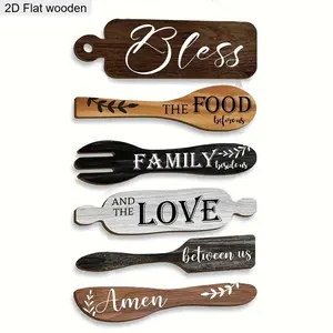 Wooden Kitchen Themed Wall Art, 6 Counts/set Rustic Farmhouse Decor, Vintage Plaque for Harvest Festivals, Autumn, Kitchen Rustic Wood Sign, Wooden Home Sign