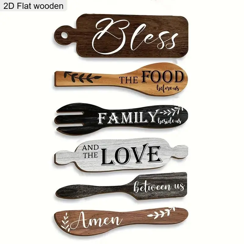 Wooden Kitchen Themed Wall Art, 6 Counts/set Rustic Farmhouse Decor, Vintage Plaque for Harvest Festivals, Autumn, Kitchen Rustic Wood Sign, Wooden Home Sign, Home Decoration, Rustic Design, Home Decor Products