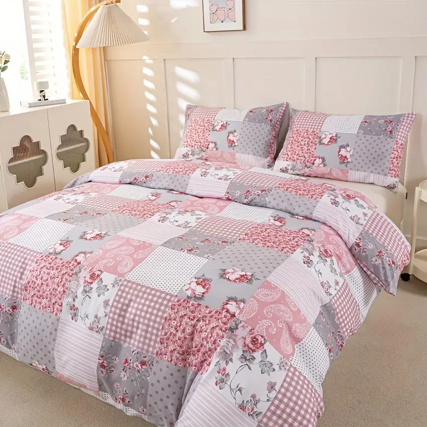 Floral Printed Patchwork Duvet Cover Set, Polyester Bed Set Including 1 Duvet Cover & 2 Pillowcase without Filler, Soft Comfortable Bedding Set for Home Bedroom Duvet Cover Sham Floral Bedding Sets