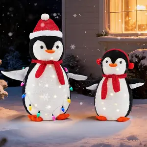2-Piece Lighted Penguin Family Outdoor Christmas Decoration, Pop up Holiday Decor with 150 LED Lights for Yard, Garden, Storefront, White Red