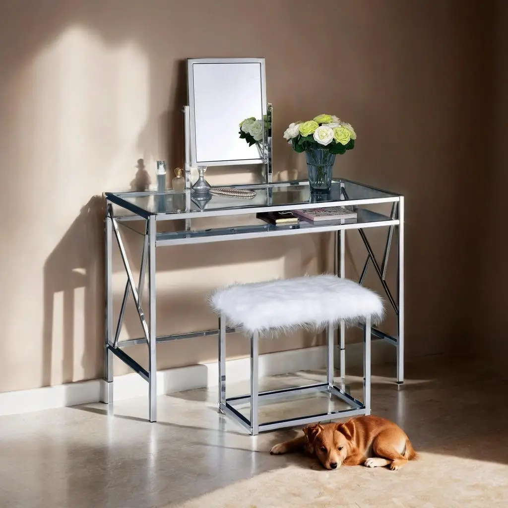 Celeste Contemporary Chrome Metal Frame Vanity Set with Tempered Glass Top, Soft Faux Fur Stool, and Modern Design for Versatile Use