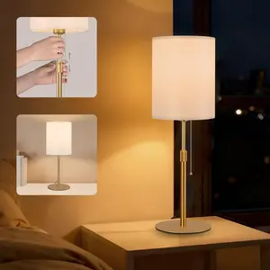 Tubicen Table Lamp，Plug in with Pull Chain 23.6" H Tall Thin Bedside Lamps with Small Fabric Shade Base Dimmable Modern Adjustable Height Table Lamps for Living Room Bedroom Office