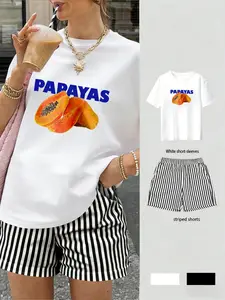 Women's Casual Short Sleeve T-Shirt and Shorts Set, Y2K Tropical Papaya Print Striped Shorts, Comfortable Breathable Fabric