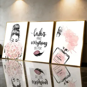 3Pcs Aluminum Alloy Framed Painting, Pink Floral Perfume And Eyelash Art Picture, Home Decoration For Living Room, Bedroom, OfficeWall Decor, Odorless Print Artwork, Luxury Perfect Gift For Friends And Family