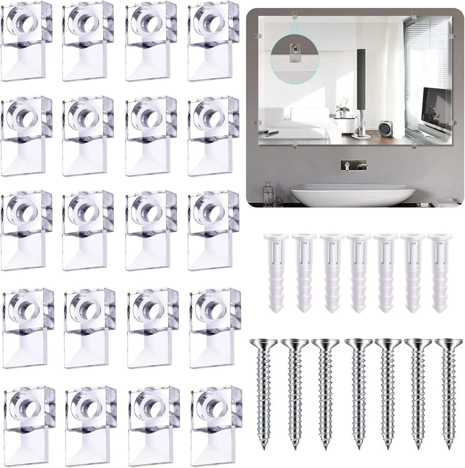 50-Piece Hangable Clip-Type Hollow Wall Mirror Holder Clips, Transparent Plastic Fixing Kit with Matching Screws, Silver Hanging Hardware, Fits Glass Surfaces, Supports 20lbs (Inches/MM Compatibility)