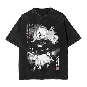 NieR Automata 2B Manga Style Washed T Shirts Streetweart Oversized Unisex Couples Washed Retro Fashion high2 quality Classic soft