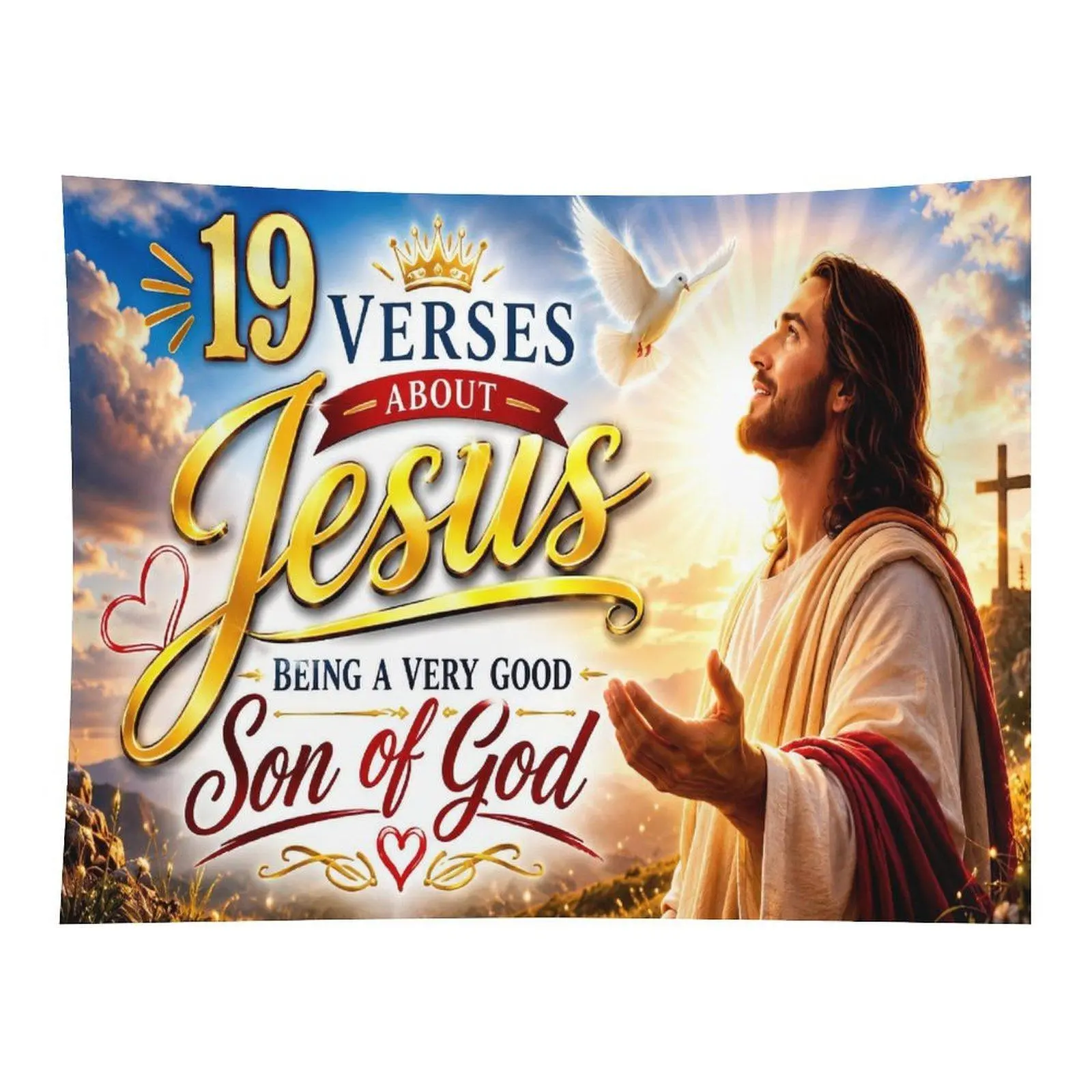 Sky Cloud White Dove Jesus Crown Christian Faith Wall Tapestry Wall Hanging, Golden Bible Verse Son Of God Religious Inspirational Decor for Church Prayer Room Bedroom Backdrop