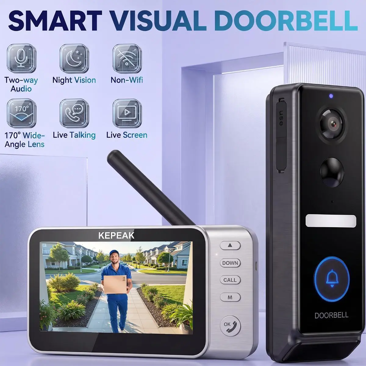 【Toolupgrade】Rechargeable Wireless Security Doorbell Kit, Home Intercom System, Intercoms Wireless for Home, 4.3 in Indoor Screen, No WiFi/No App, 170° Fisheye Lens, IP65 Waterproof, Local TF Card Recording, Night Vision, ABS Plastic Outdoor Door Bell