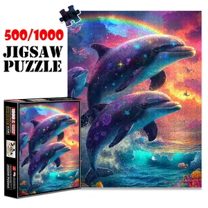 1pc 1000 piece adult puzzle 70x50cm Dolphins with Floral Patterns in a Colorful Ocean Scene with Rainbow 500 pieces of paper jigsaw puzzle, suitable for adults and families, large-scale DIY puzzle