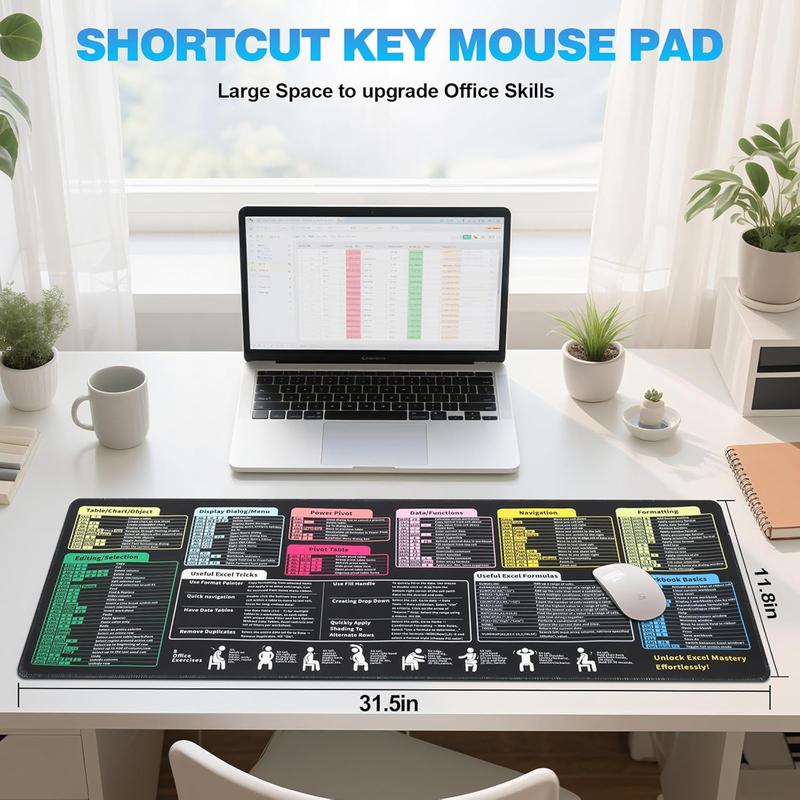 XL Excel/Word/PowerPoint/Windows Shortcut Keys Mouse Pad & Cheat Sheet - Non-Slip Rubber Base, Stitched Edges Desk Mat with Color-Coded Shortcuts, Office & Gaming Computer Accessory - Ideal Gift for Productivity Boost (Excel, Word, PowerPoint, Windows)