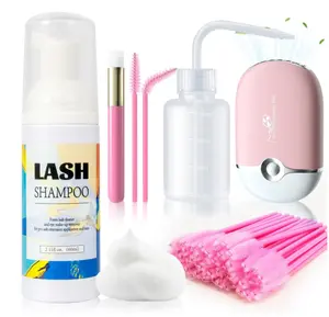 Buqikma Lash Shampoo - 60ML Lash Cleanser with Fan Brush, Rinse Bottle and 50 Pcs Mascara Brush, Rich Foam Wash for Eyelash Extensions at Home (Pink)