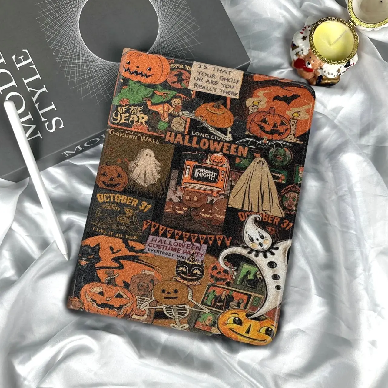 Horror Halloween Mosaic Grid iPad Case For iPad 2025, iPad Air M3, 11" iPad Pro 2024 Pumpkin Ghost iPad Flip Case With Pen Slot For All iPad